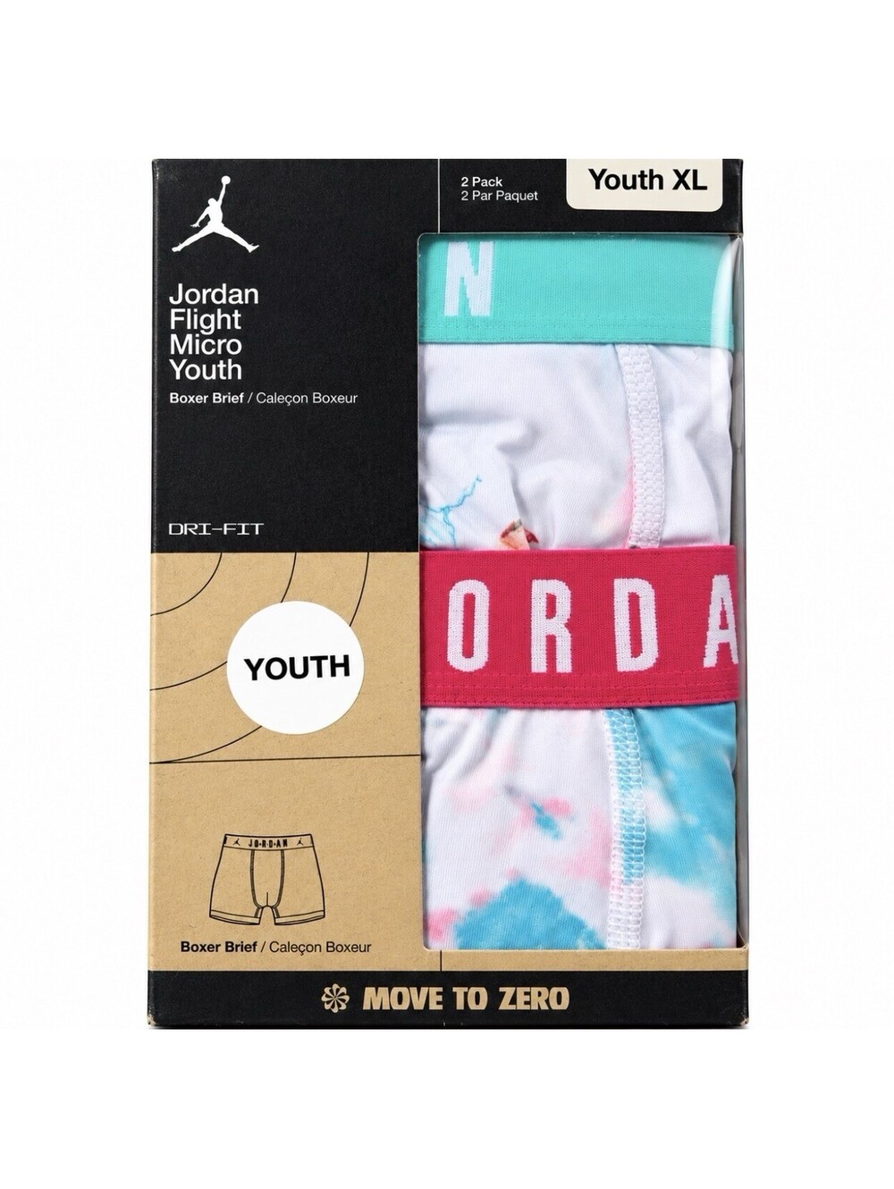Jordan Flight Micro Youth Boys Boxer Briefs 2 Pack Dri-FIT White Tie Dye XL New